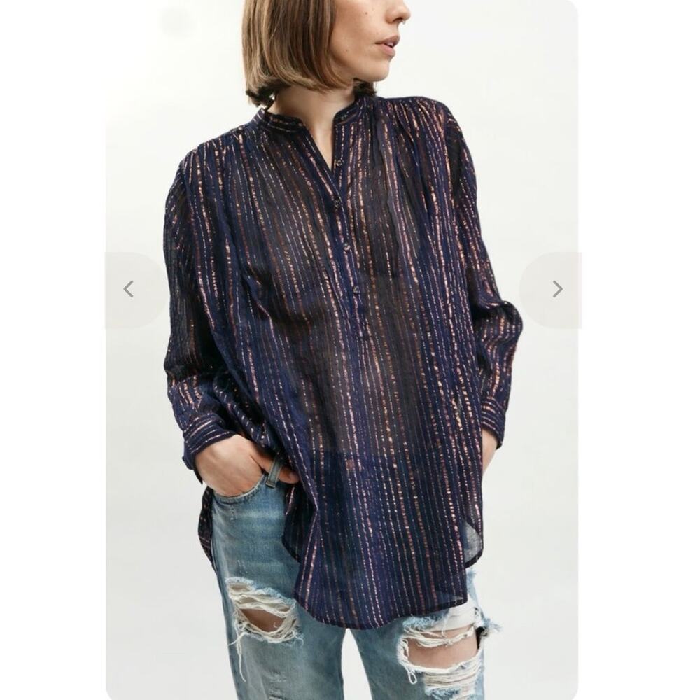 Ulla Johnson Sz 2 Navy Copper Metallic Stripe Momo Tunic Sheer High Low Blouse